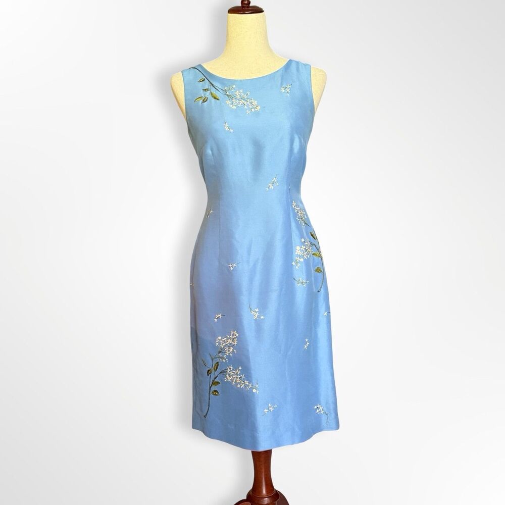 Ann Taylor, VTG 90s 100% Silk  Baby Blue Floral Embroidered Sheath Dress, 2